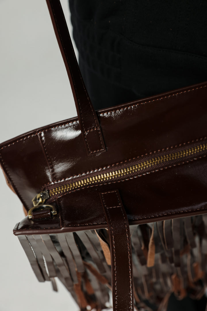 Square Brown Leather Fringe Bag