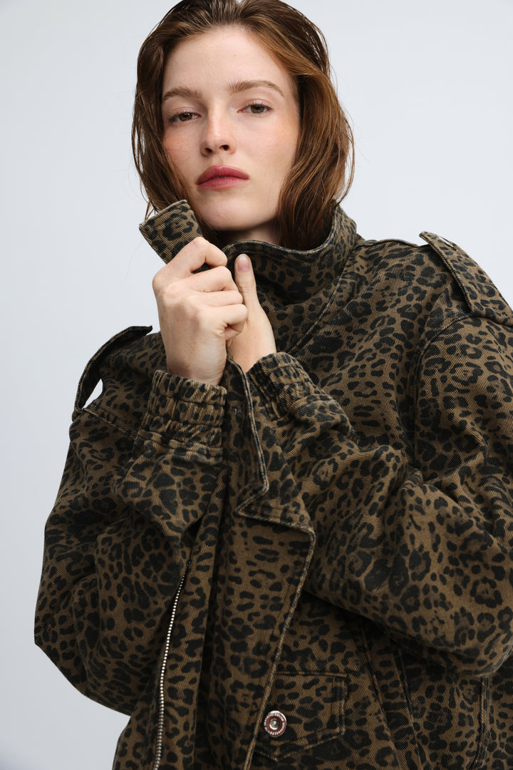 Cheers leopard jacket front view featuring brown and black leopard print, high collar, adjustable cuffs, and flap pockets