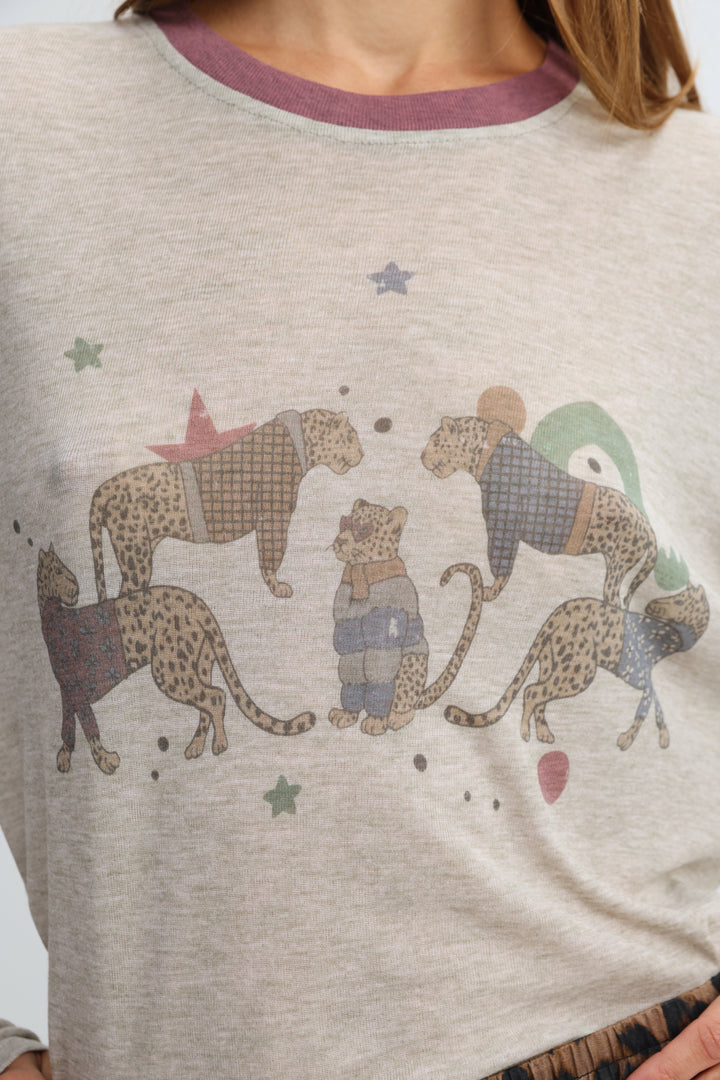 Heather gray long-sleeved jungle grey shirt with purple ribbed crew neck and cartoon cheetahs with stars on front