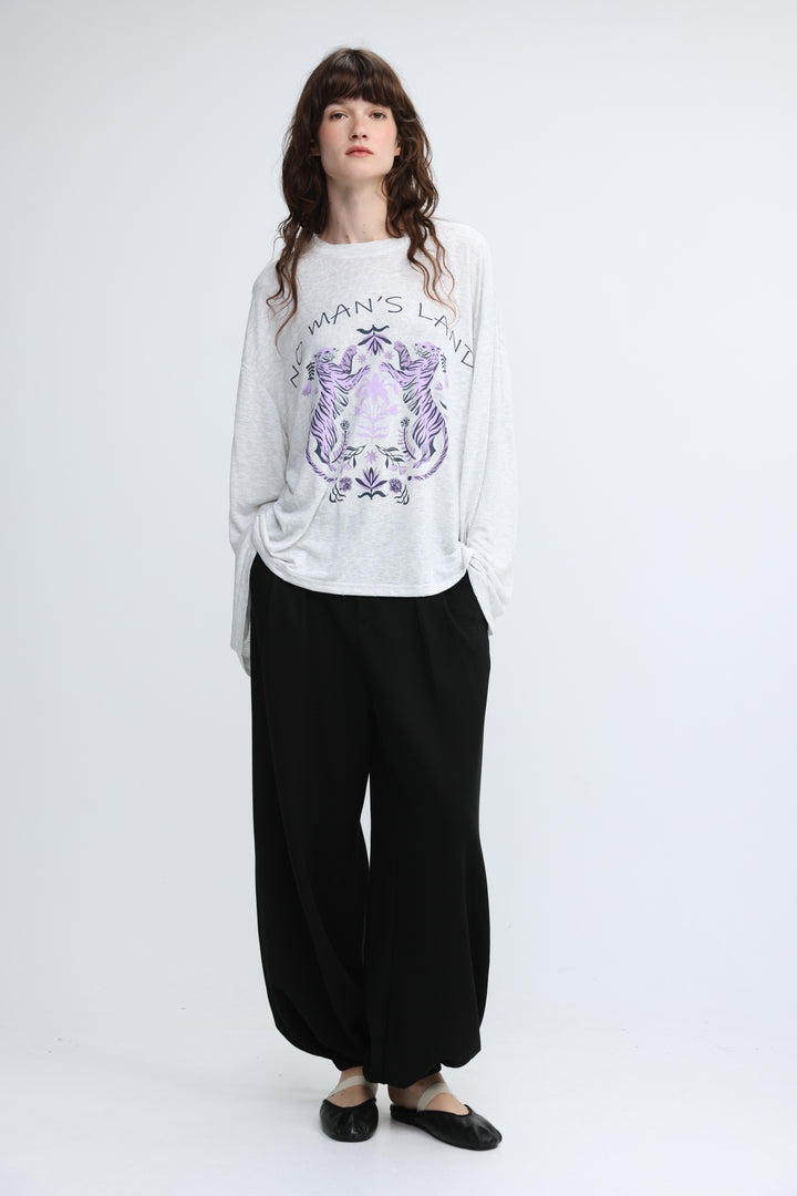 Nml grey shirt long-sleeved tee with purple and black tiger emblem and the mans land text on the front