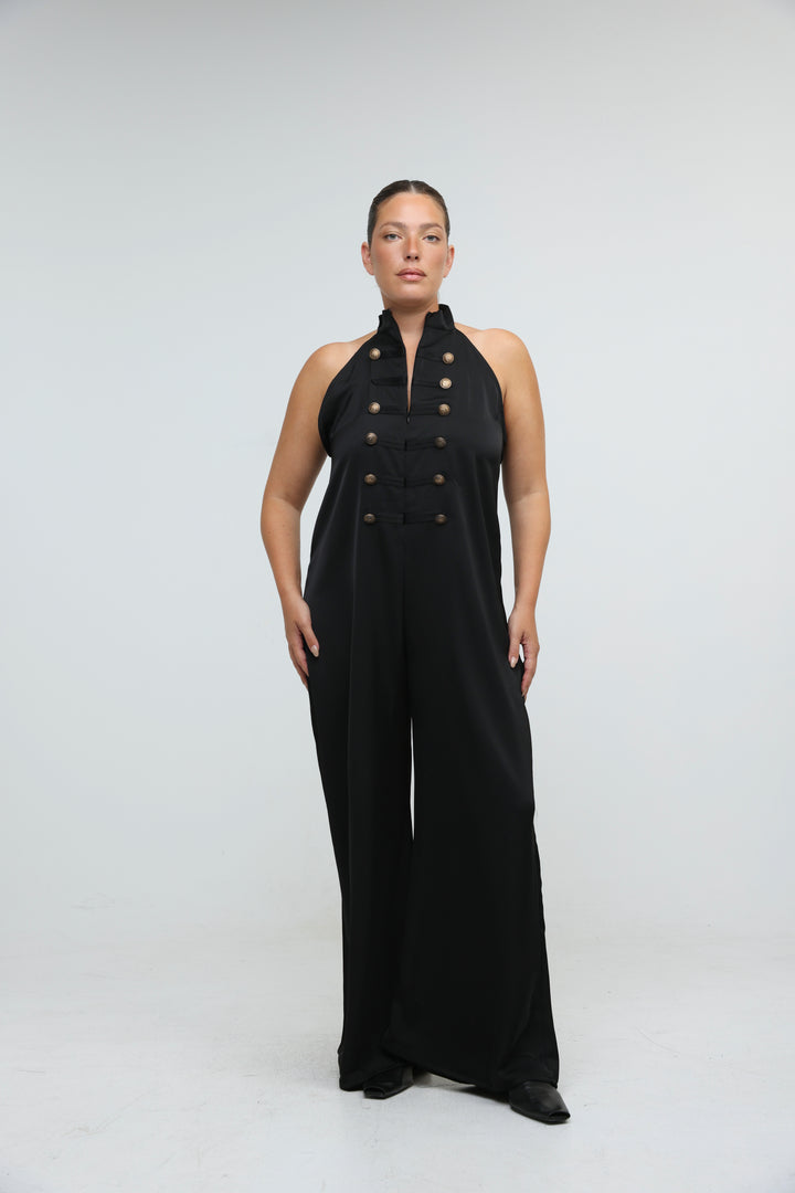 Satin Black Buttoned Halter Jumpsuit