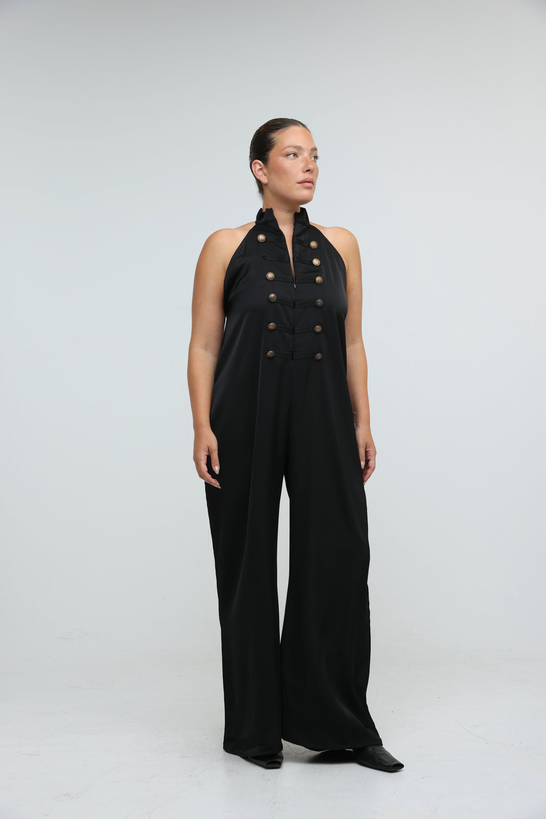 Satin Black Buttoned Halter Jumpsuit
