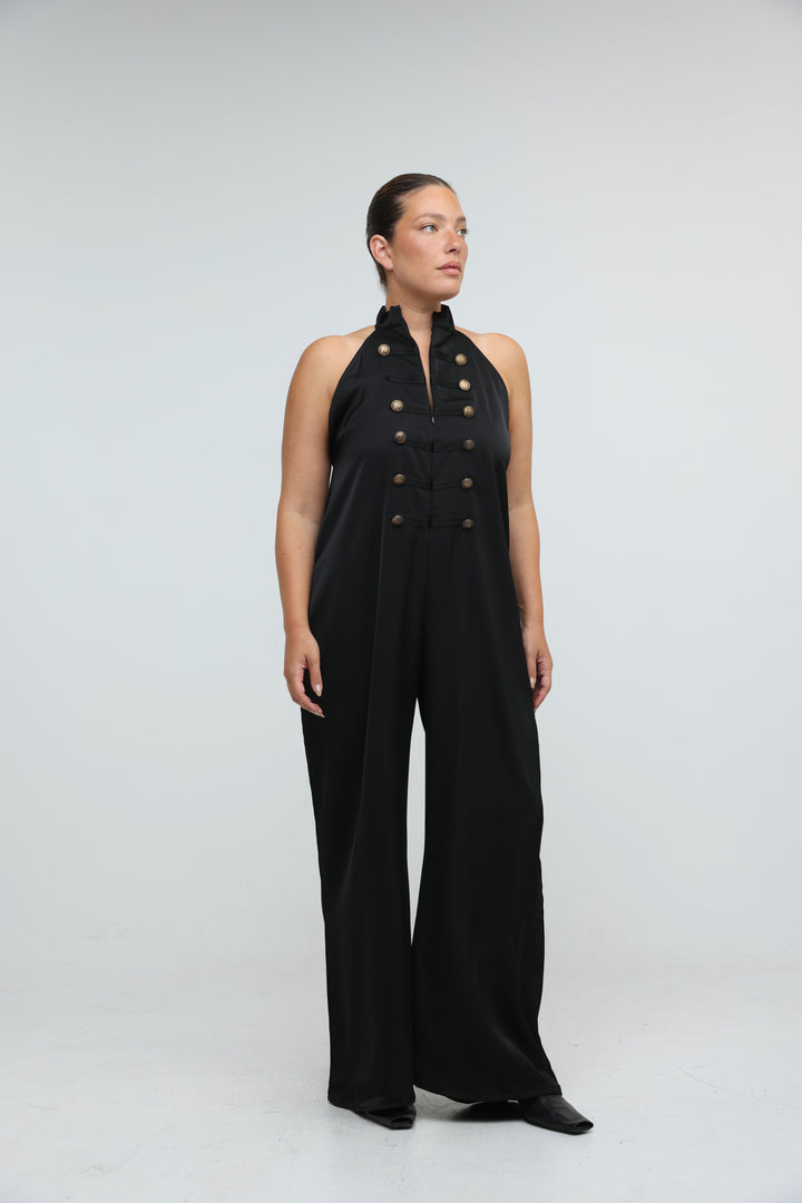 Satin Black Buttoned Halter Jumpsuit