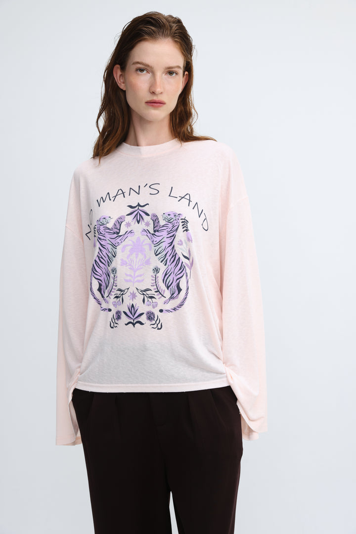 NML pink long-sleeved sweatshirt with purple and white tigers graphic facing each other and mans land text above