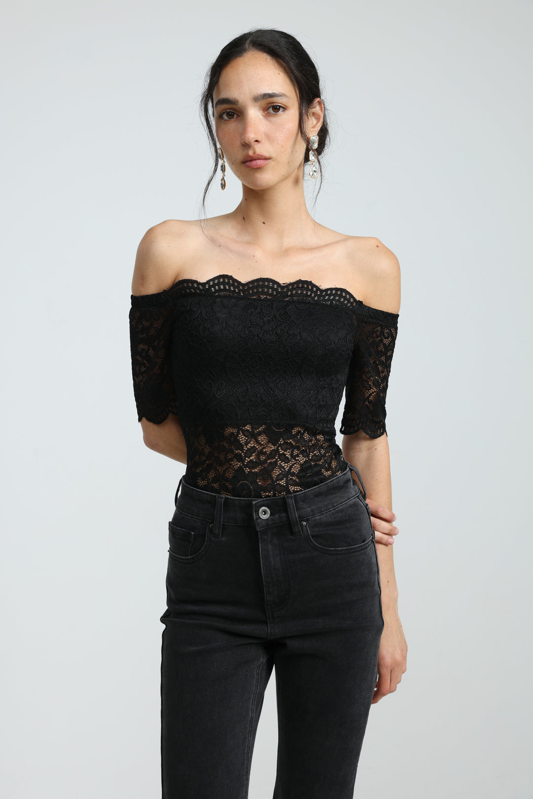 Noir Short Black Off Shoulder Bodysuit