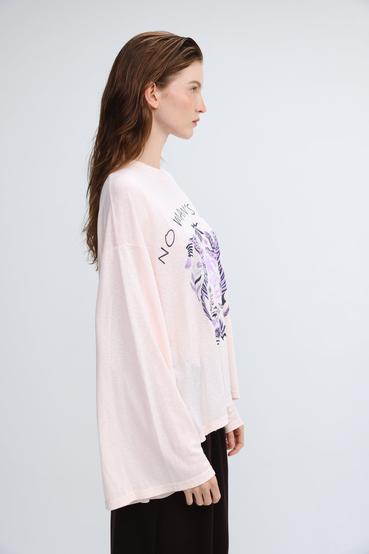 Nml pink shirt blush pink long-sleeved tee with purple tiger graphic and no ways text on the chest front view