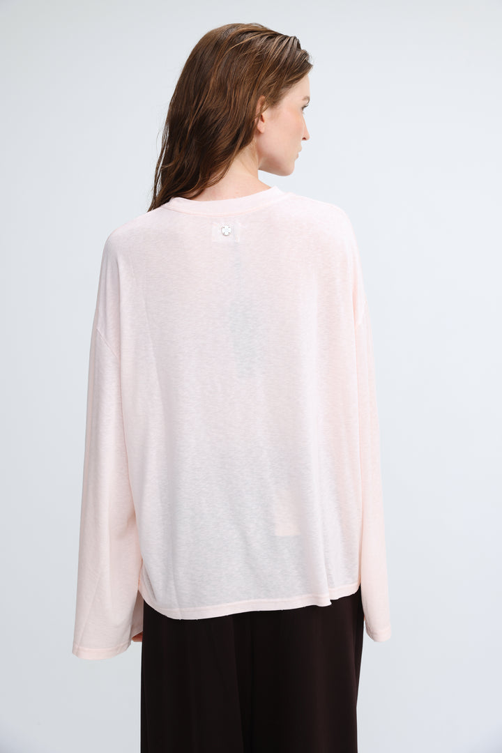 NML pink shirt soft blush pink lightweight long-sleeved top with round neckline and subtle back seam detailing