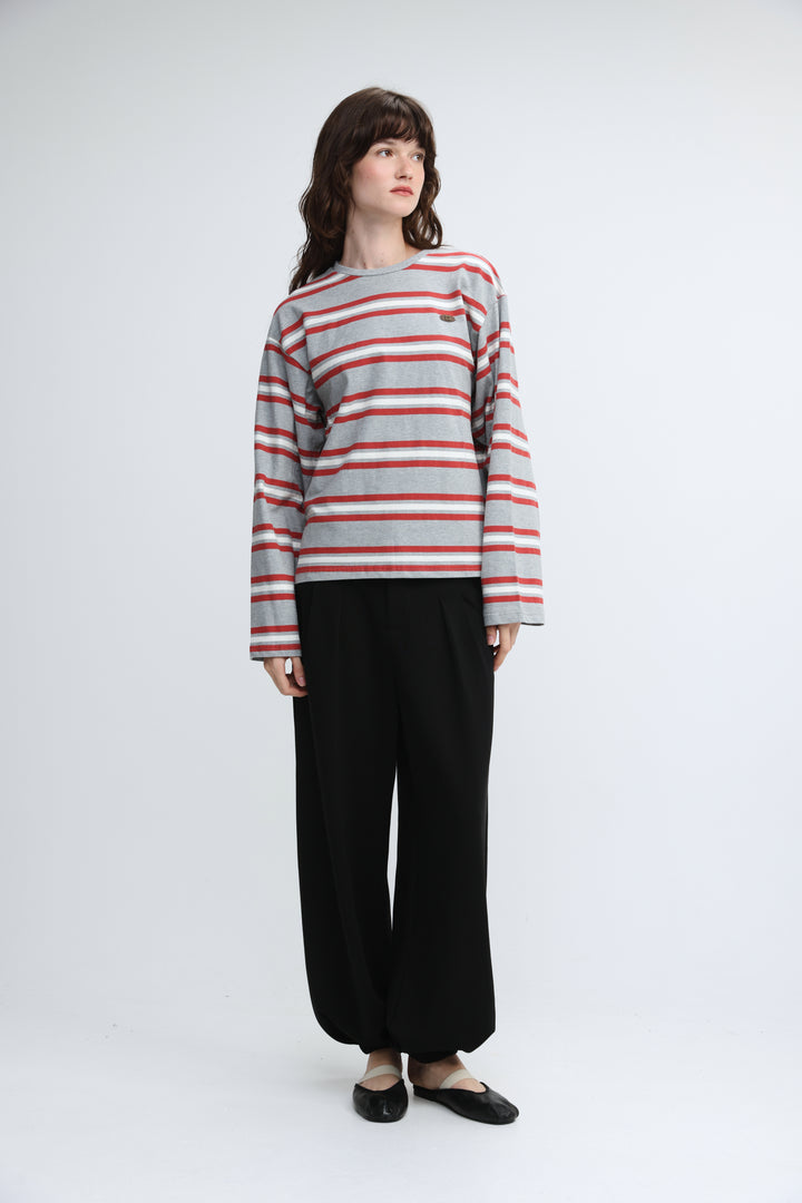 Federer grey striped long-sleeved top with red horizontal stripes, round neckline, and subtle chest branding front view