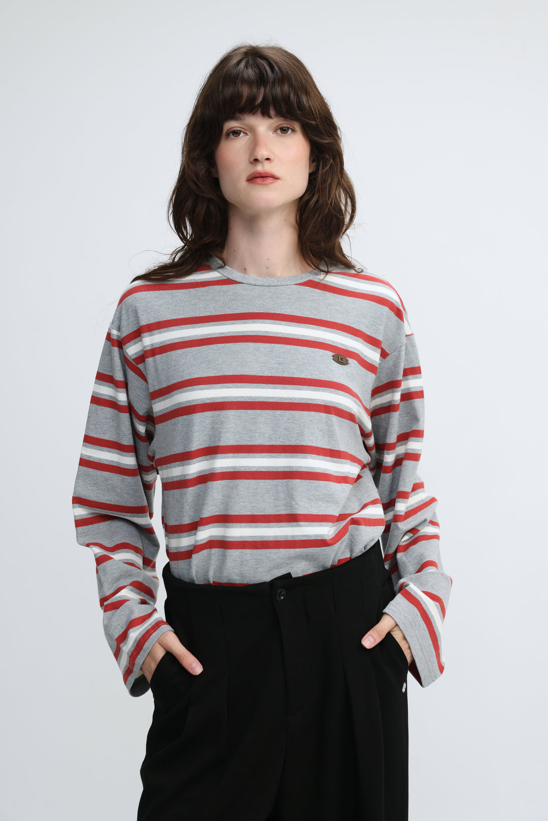 Federer grey striped long-sleeve crewneck top with horizontal red stripes and small embroidered logo on left chest front view