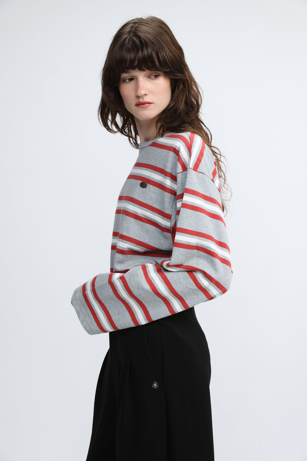 Federer grey striped long-sleeved shirt with red and white horizontal stripes and a round neckline, front view