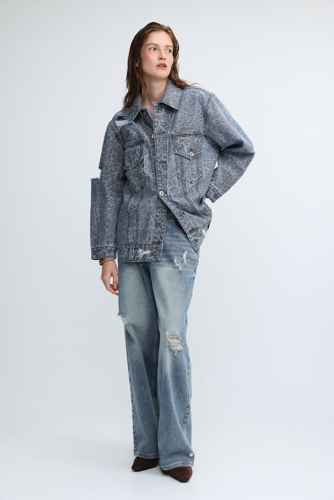 Distressed Leopard Denim Jacket