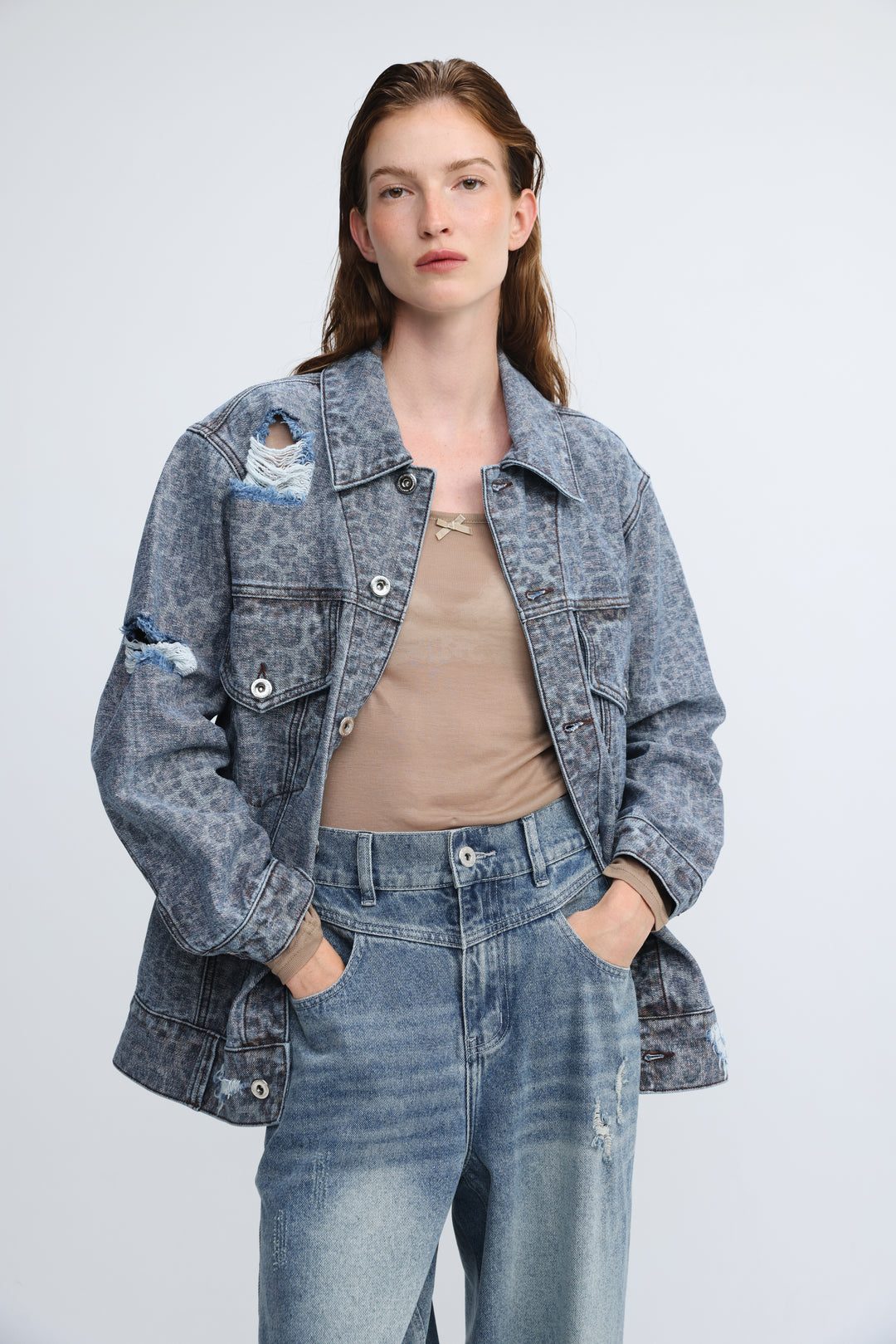 Distressed Leopard Denim Jacket
