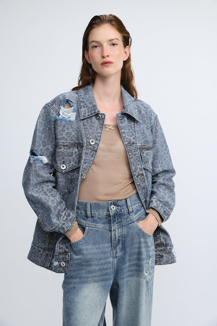 Distressed Leopard Denim Jacket