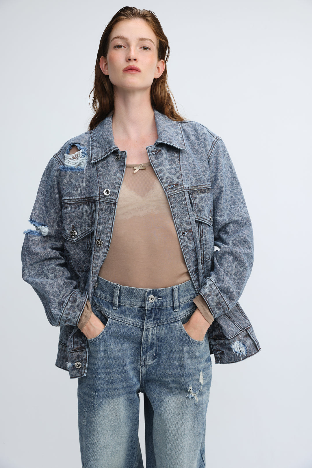 Distressed Leopard Denim Jacket