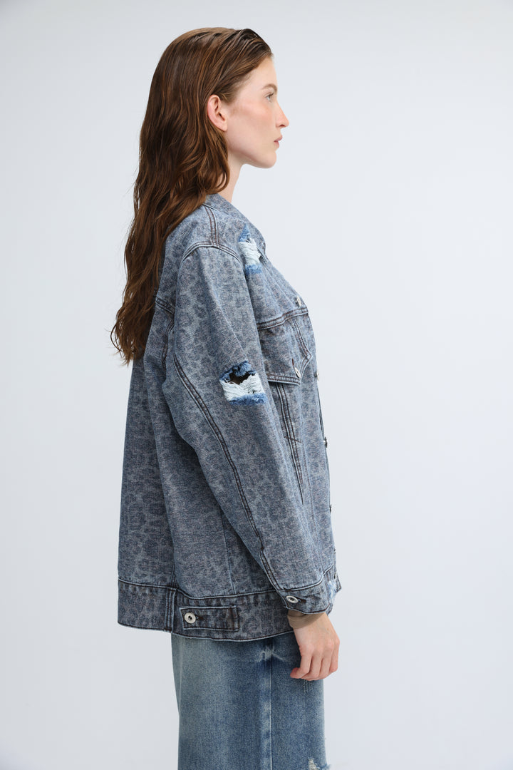 Distressed Leopard Denim Jacket