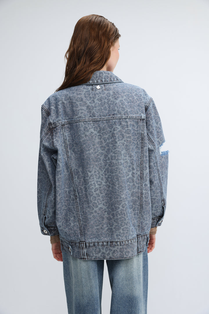 Distressed Leopard Denim Jacket