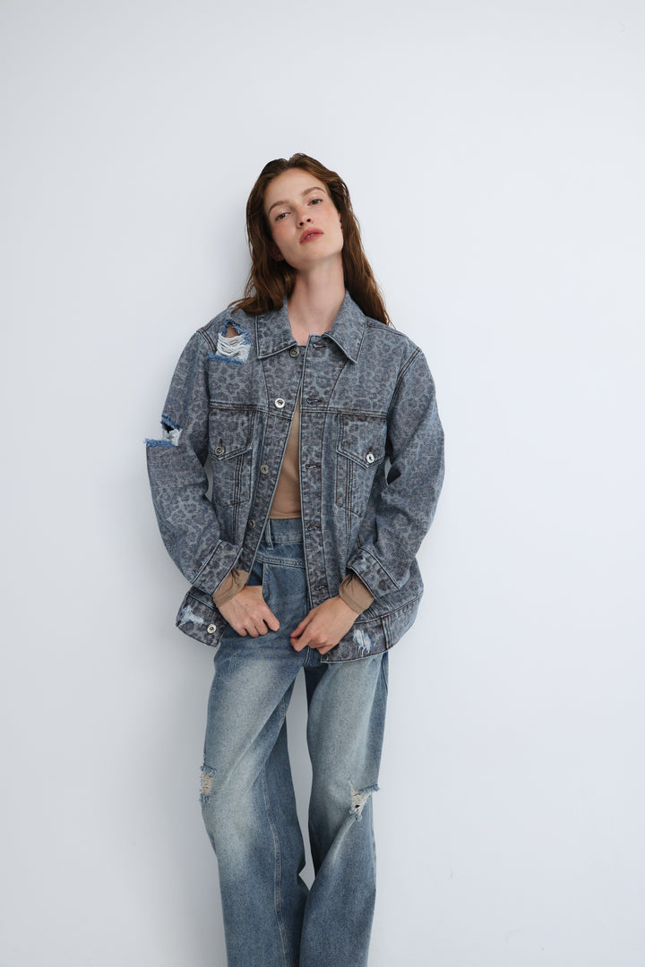 Distressed Leopard Denim Jacket