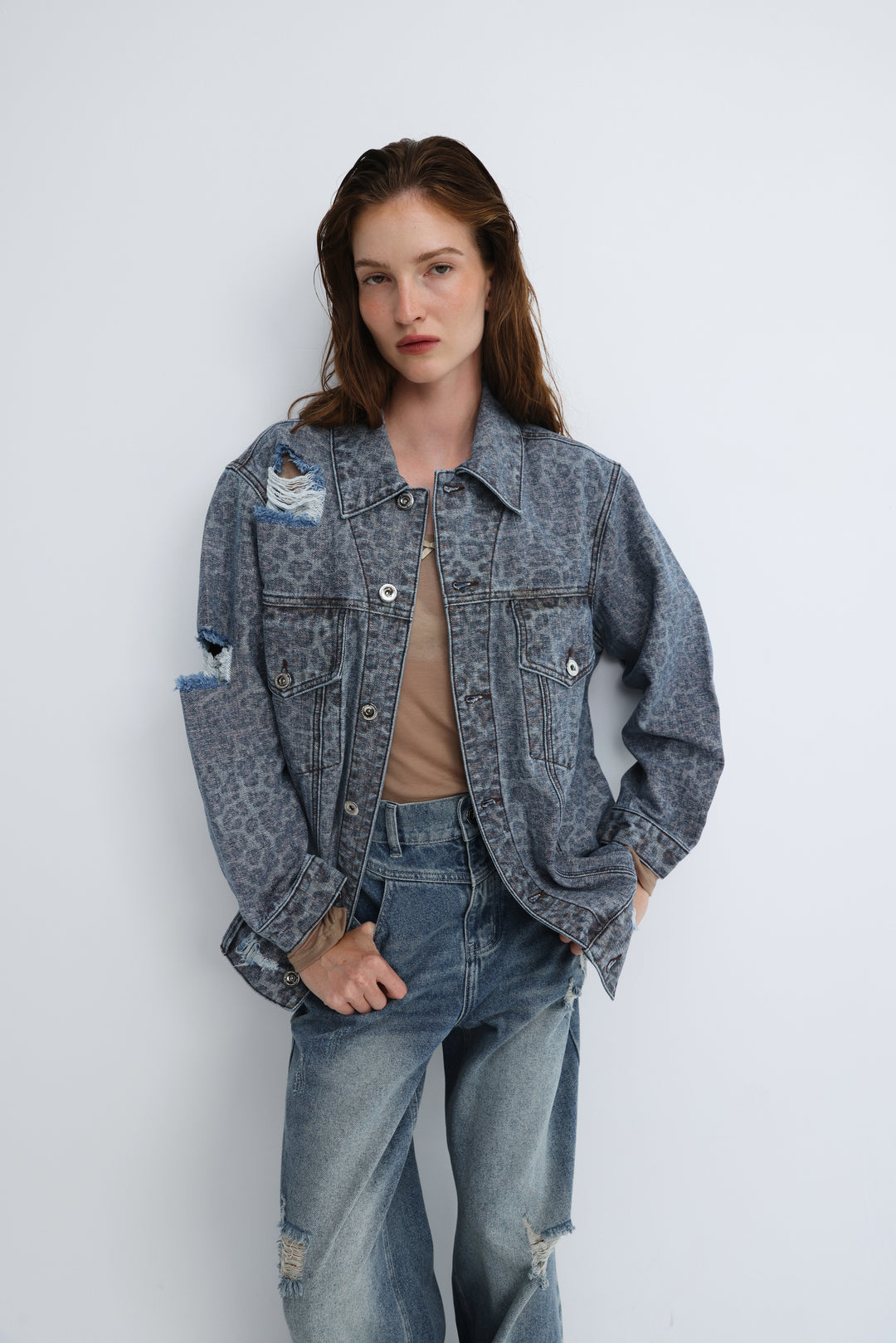 Distressed Leopard Denim Jacket
