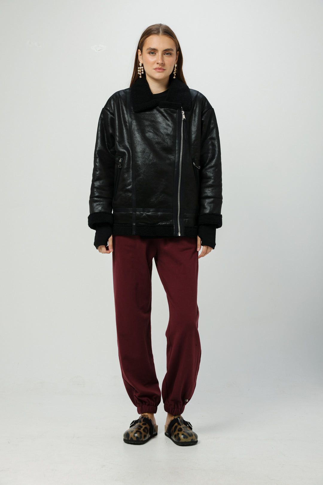 מעיל דמוי עור שחור עם רוכסן Faux Leather Black Coat