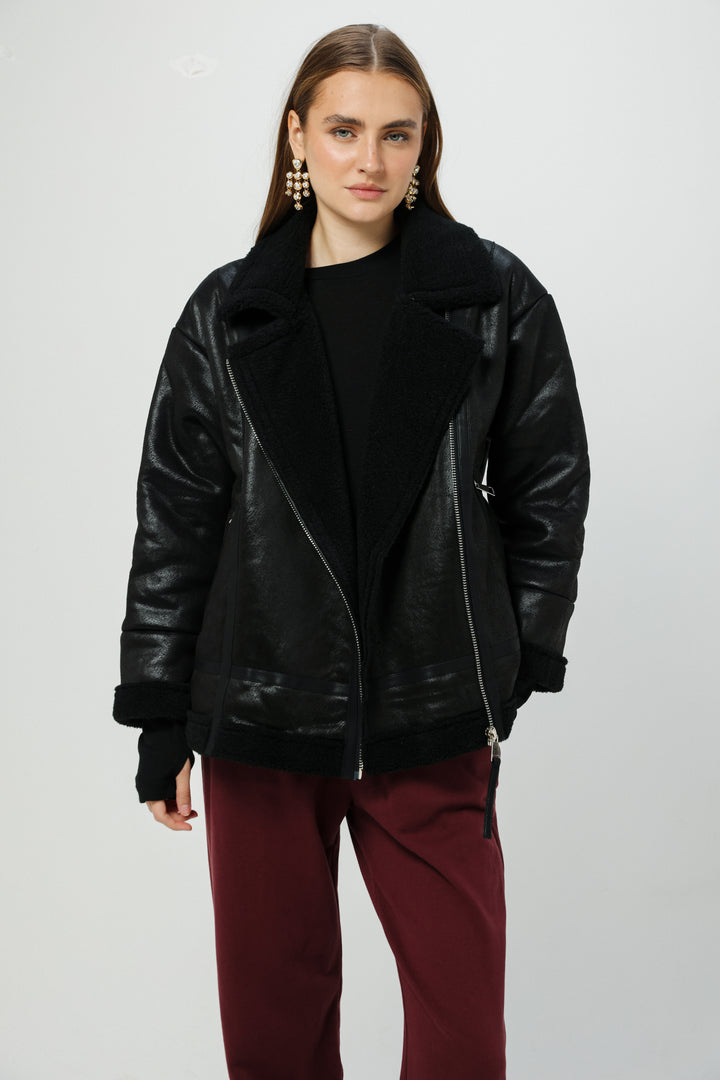Faux Leather Black Coat מעיל דמוי עור שחור