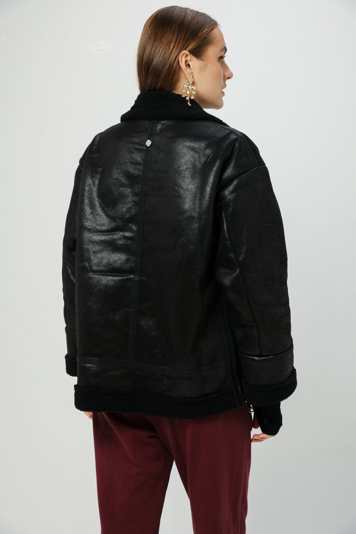 מעיל דמוי עור שחור גב Faux Leather Black Coat
