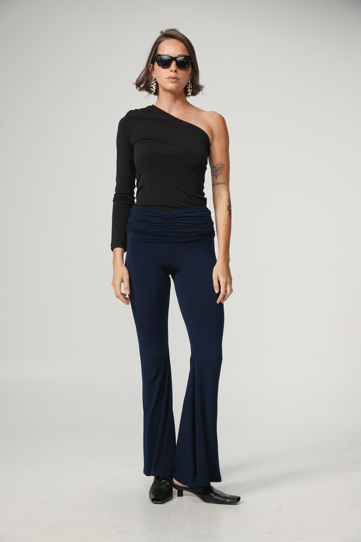 Gathered Waist Navy Flare Leggings