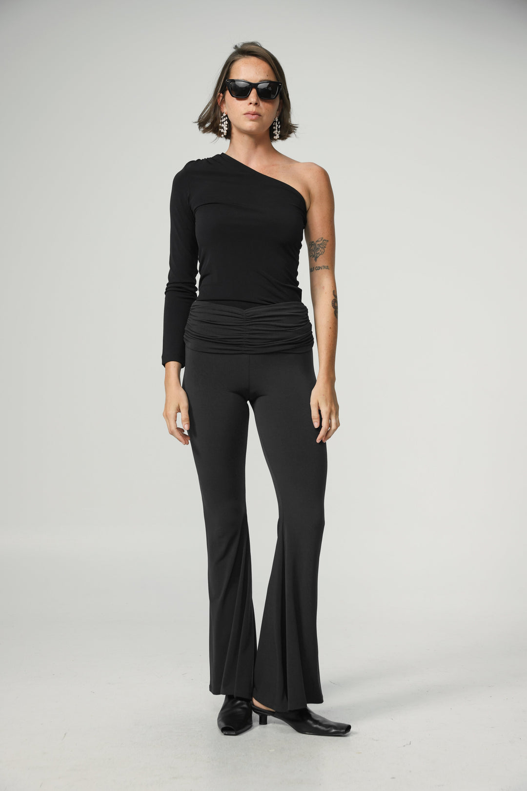 Gathered Waist Black Flare Leggings