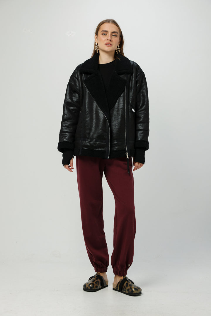 מעיל שחור דמוי עור לנשים Faux Leather Black Coat