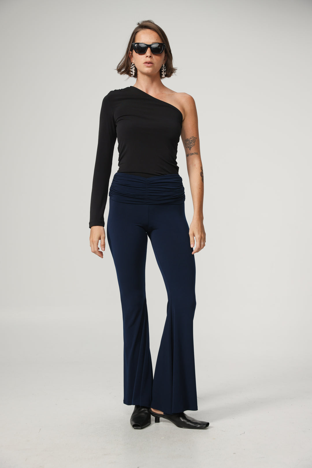 Gathered Waist Navy Flare Leggings