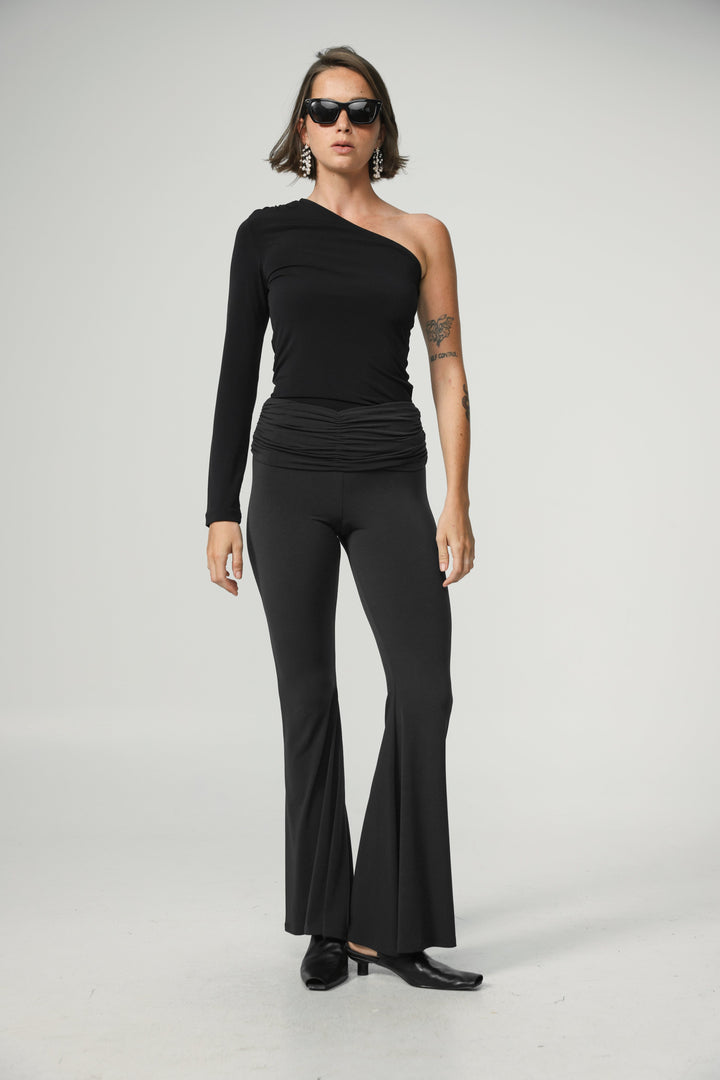 Gathered Waist Black Flare Leggings