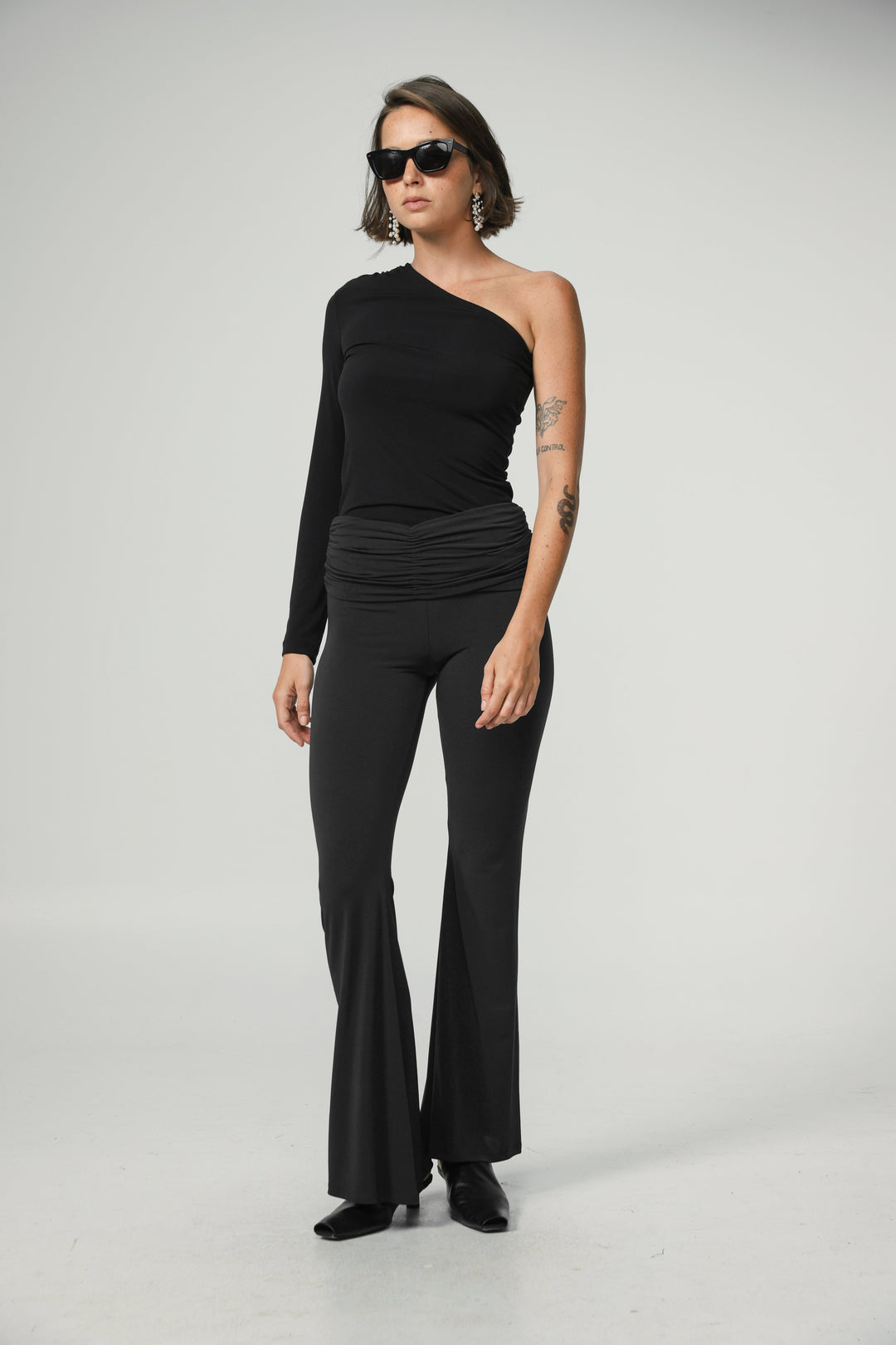 Gathered Waist Black Flare Leggings