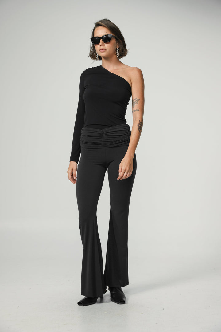 Gathered Waist Black Flare Leggings