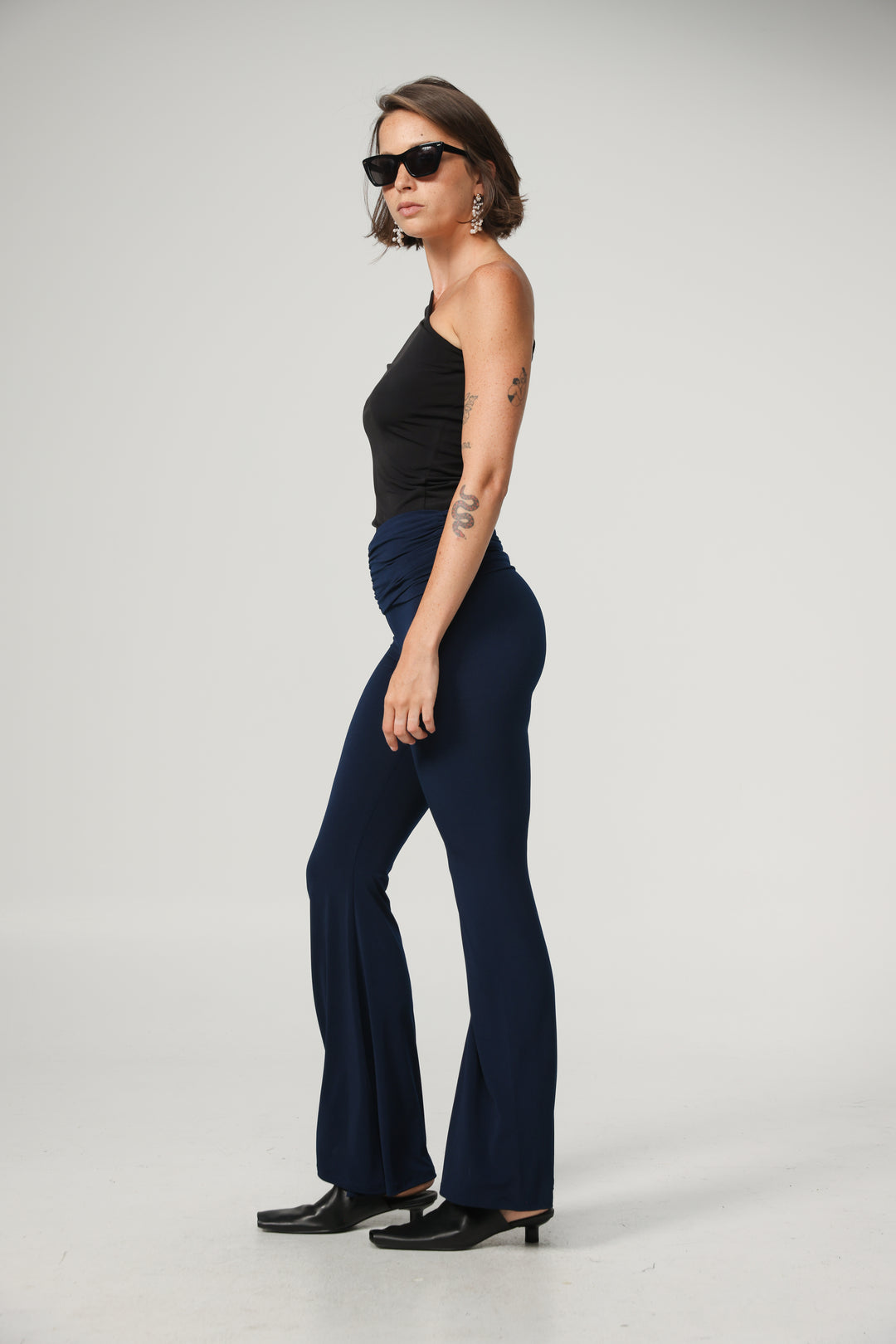 Gathered Waist Navy Flare Leggings