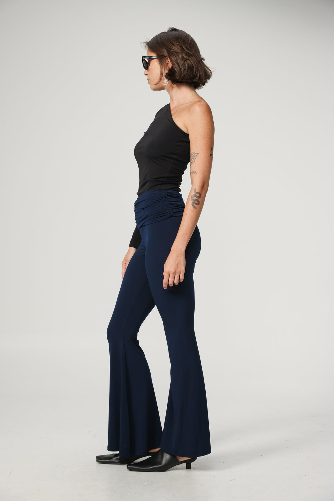 Gathered Waist Navy Flare Leggings