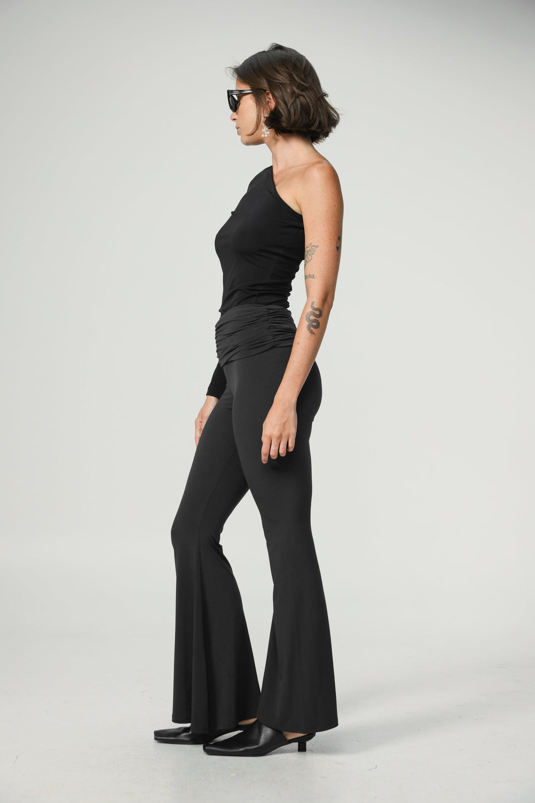 Gathered Waist Black Flare Leggings