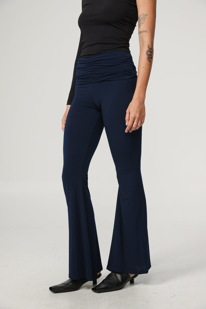 Gathered Waist Navy Flare Leggings