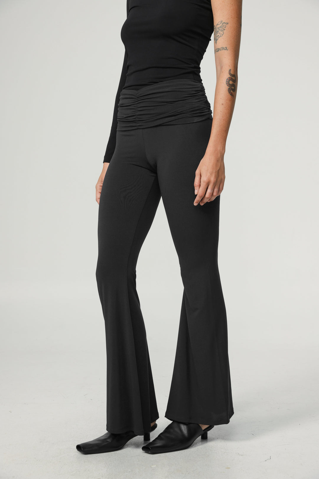 Gathered Waist Black Flare Leggings