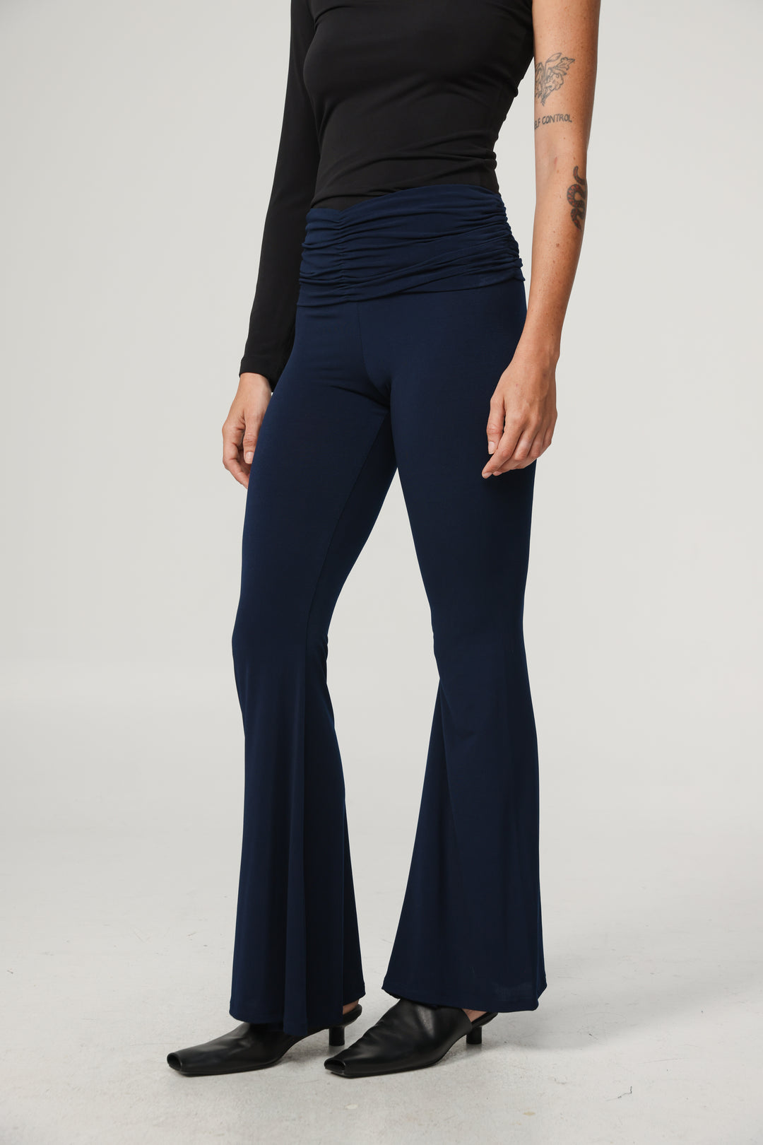 Gathered Waist Navy Flare Leggings