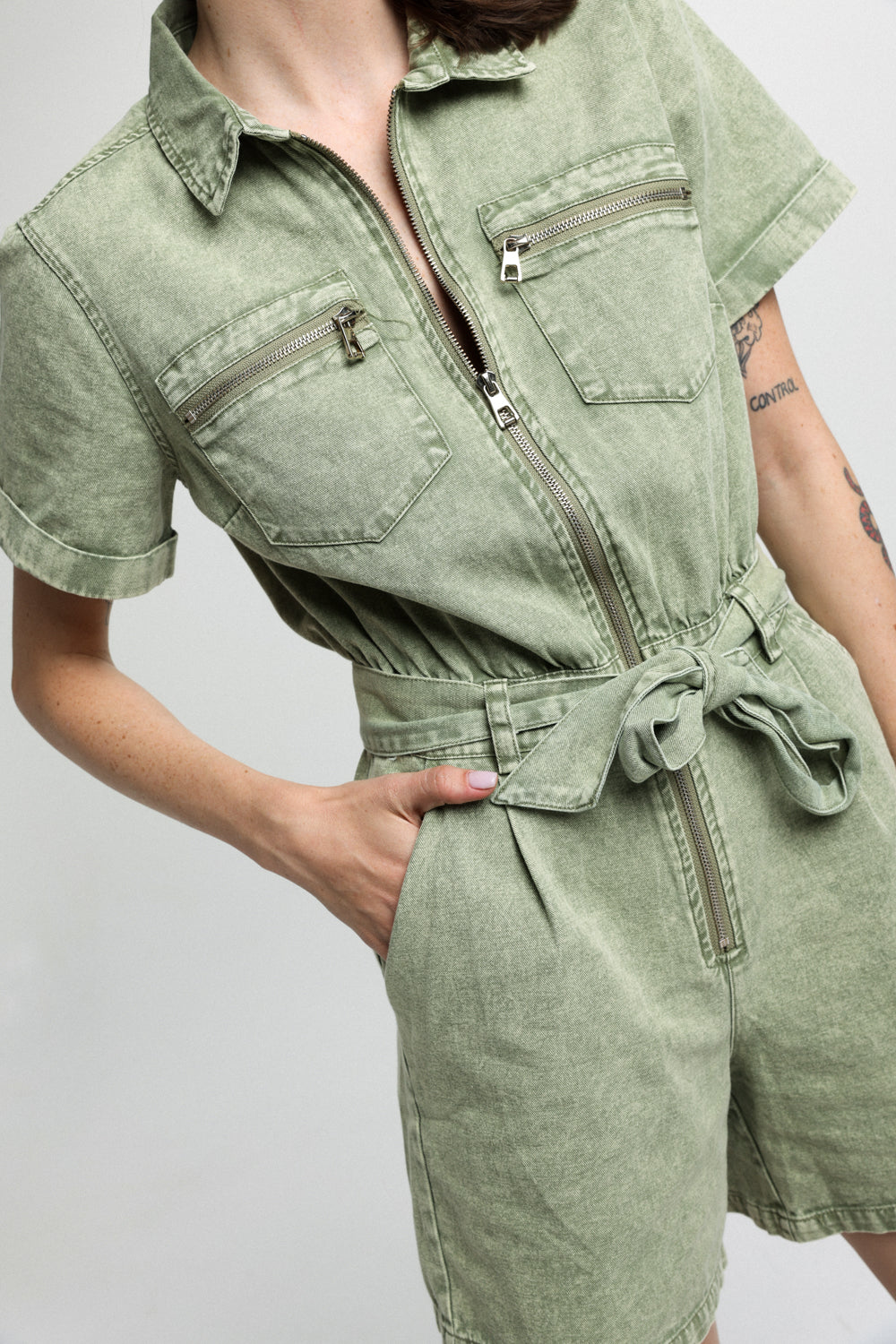 Washed Green Denim Jumpsuit