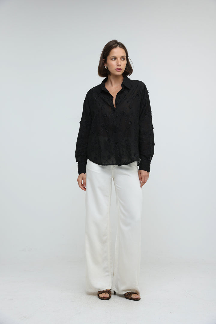 Floral Embroidery Black Buttoned Shirt