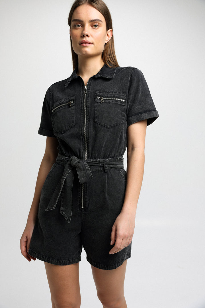 Washed Black Denim Jumpsuit