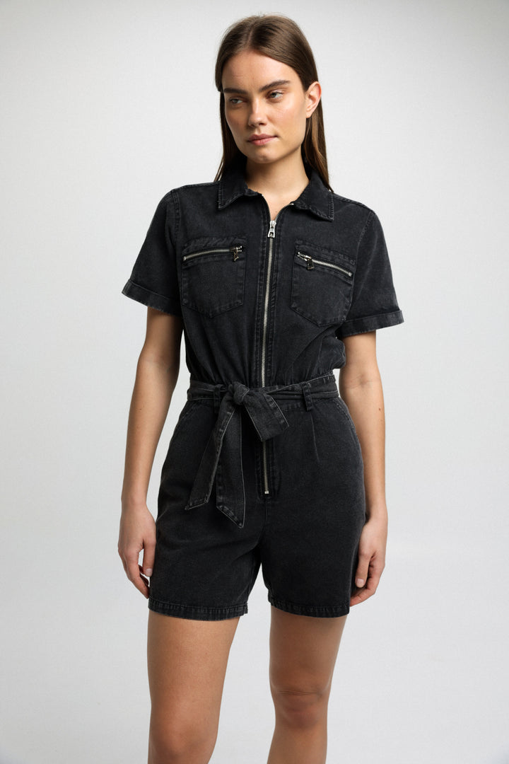 Washed Black Denim Jumpsuit