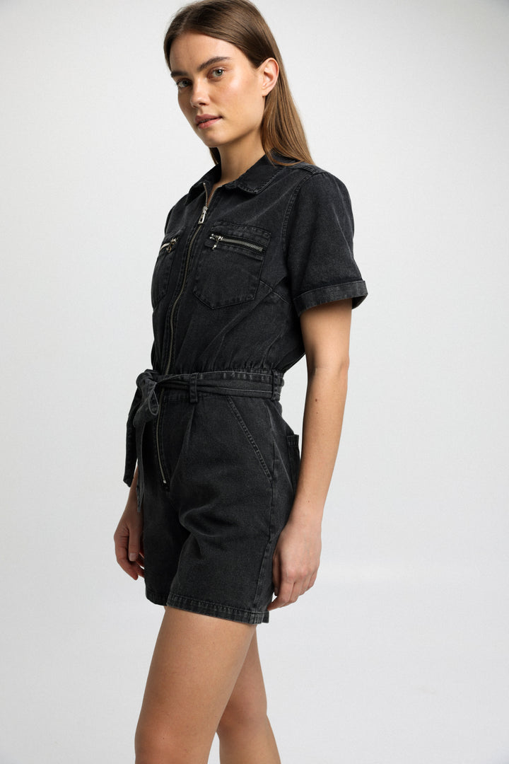 Washed Black Denim Jumpsuit