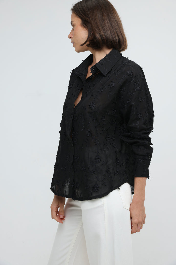 Floral Embroidery Black Buttoned Shirt