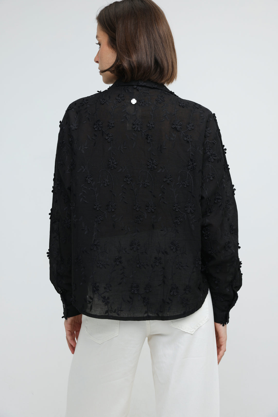 Floral Embroidery Black Buttoned Shirt
