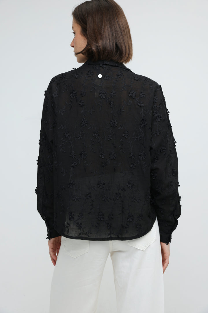 Floral Embroidery Black Buttoned Shirt