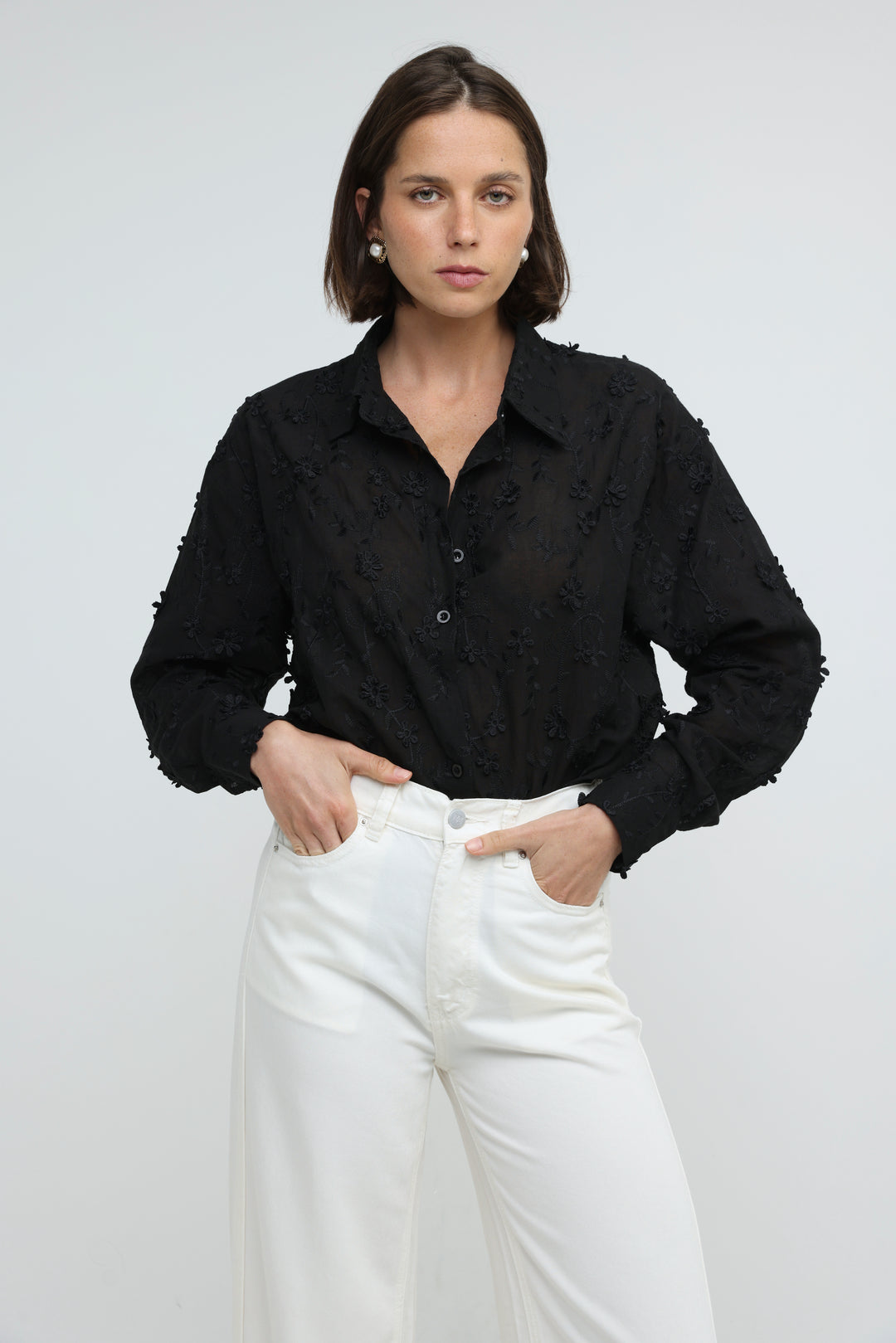 Floral Embroidery Black Buttoned Shirt