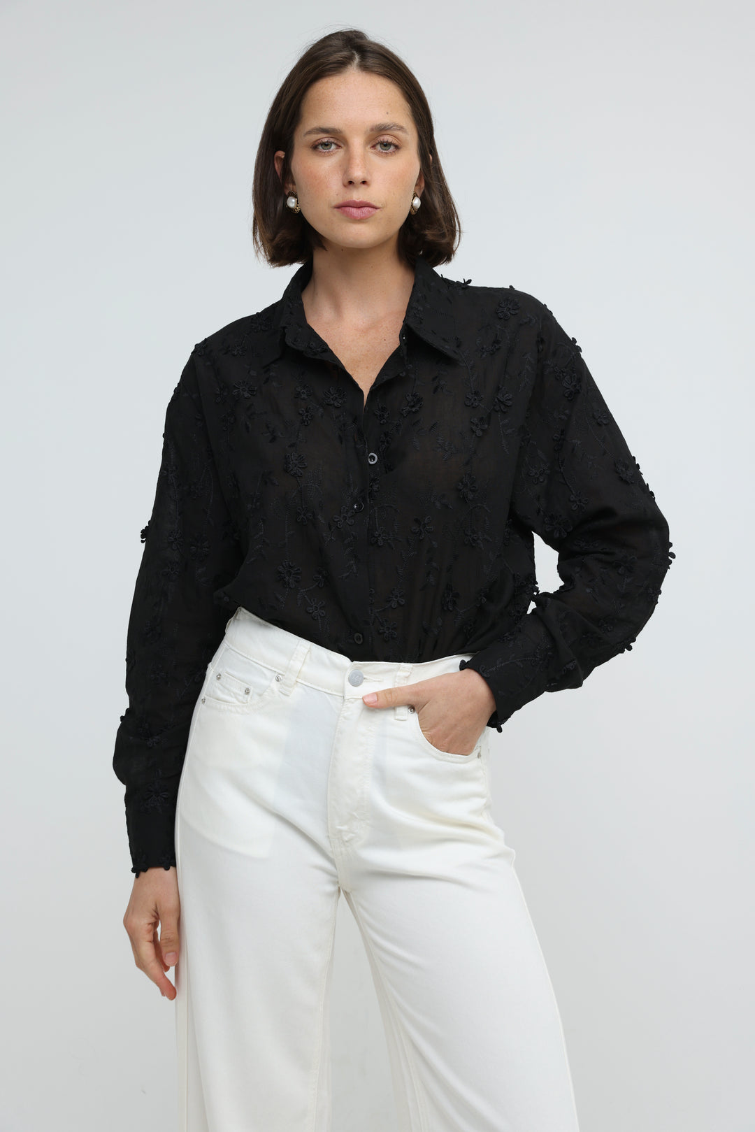 Floral Embroidery Black Buttoned Shirt