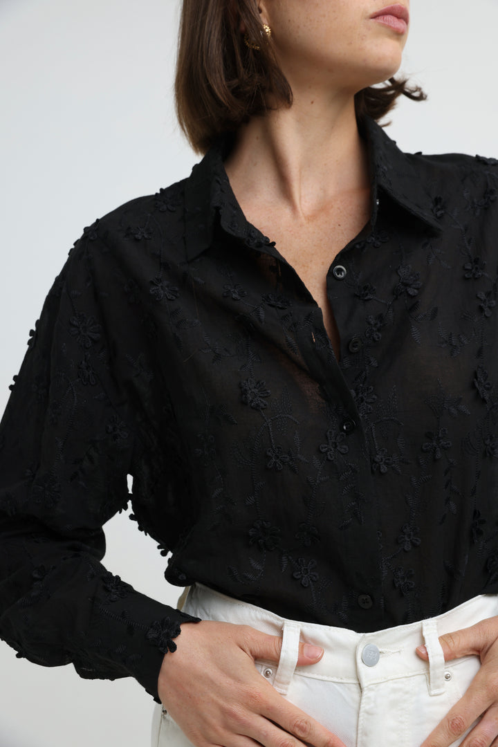 Floral Embroidery Black Buttoned Shirt