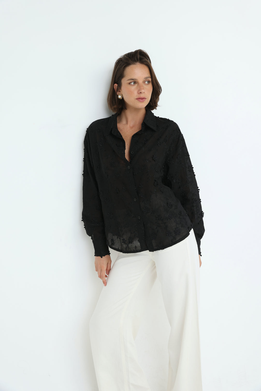 Floral Embroidery Black Buttoned Shirt